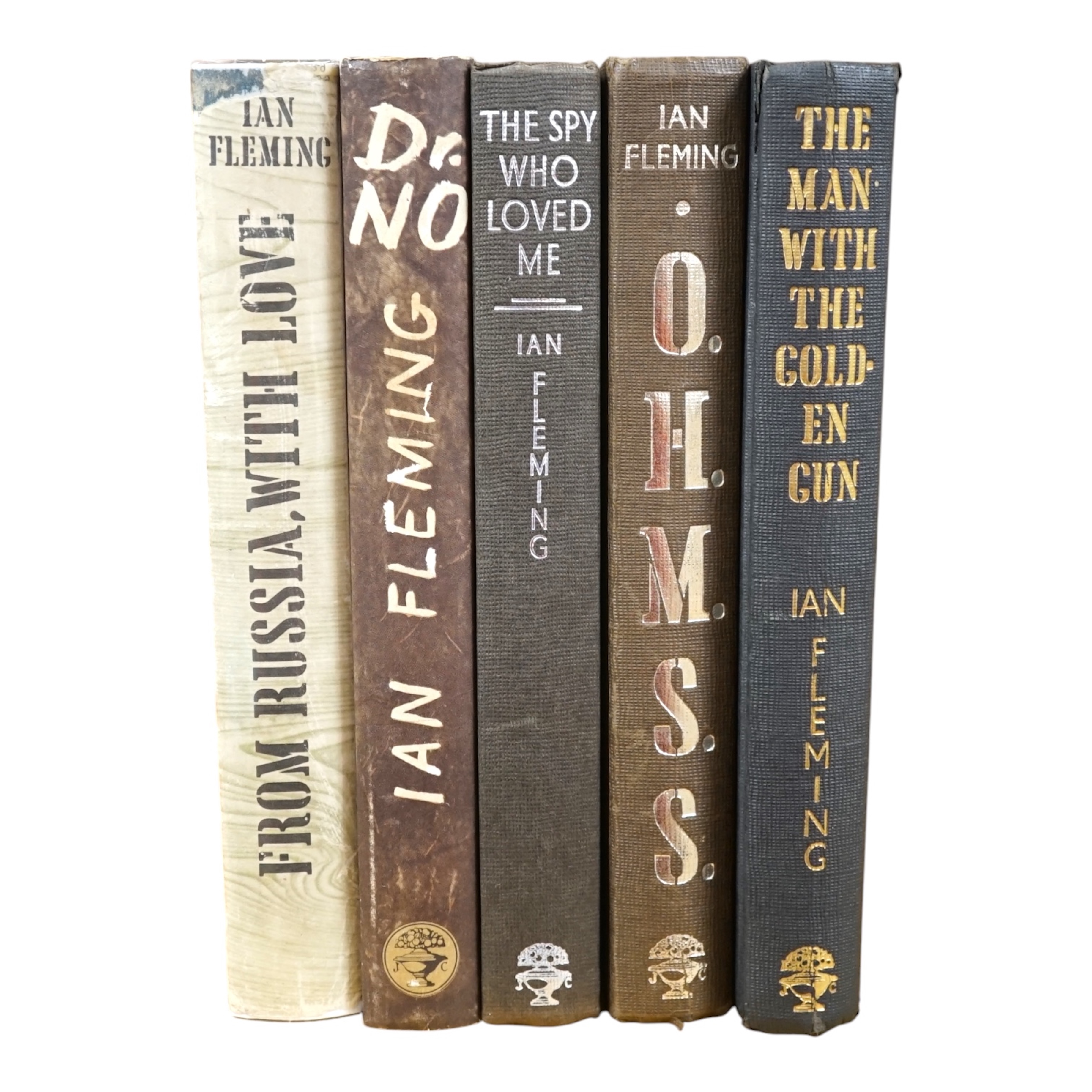 Fleming, Ian - From Russia With Love, Book Club 1st edition, with d.j,; Dr No, sixth ed., with d.j.; The Spy Who Loved Me, 2nd ed.; O.H.M.S.S., 1st ed.; The Man With The Golden Gun, 1st ed. (5) Condition - fair to good